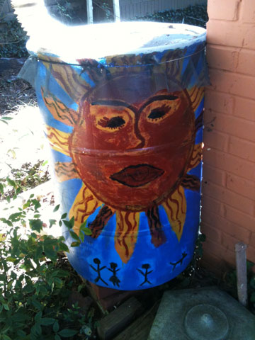One of our many painted rain barrels